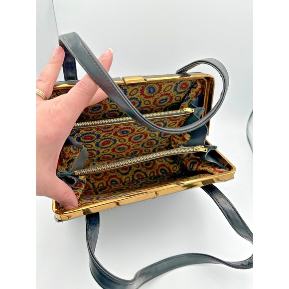 Vintage Best Black Structured Handbag Gold Frame Talon Zippers Mid Century - Picture 7 of 12